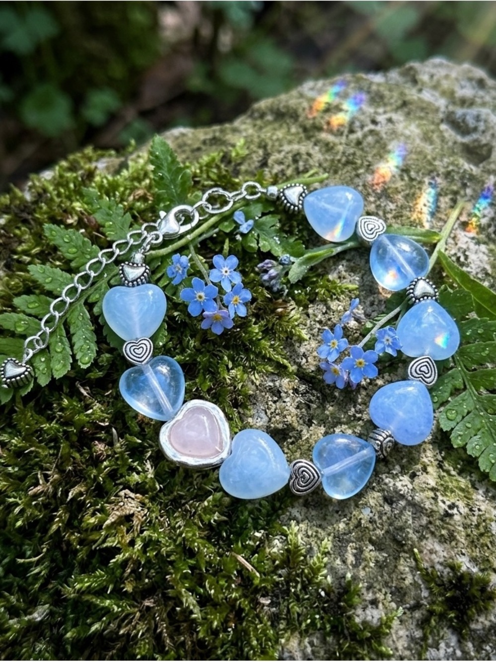 Blue Glass Heart Ombré Bracelet with Silver Tone Heart Accents